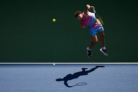 US Open 2024: Ben Shelton, of the United States, returns a shot to Dominic Thiem, of Austria